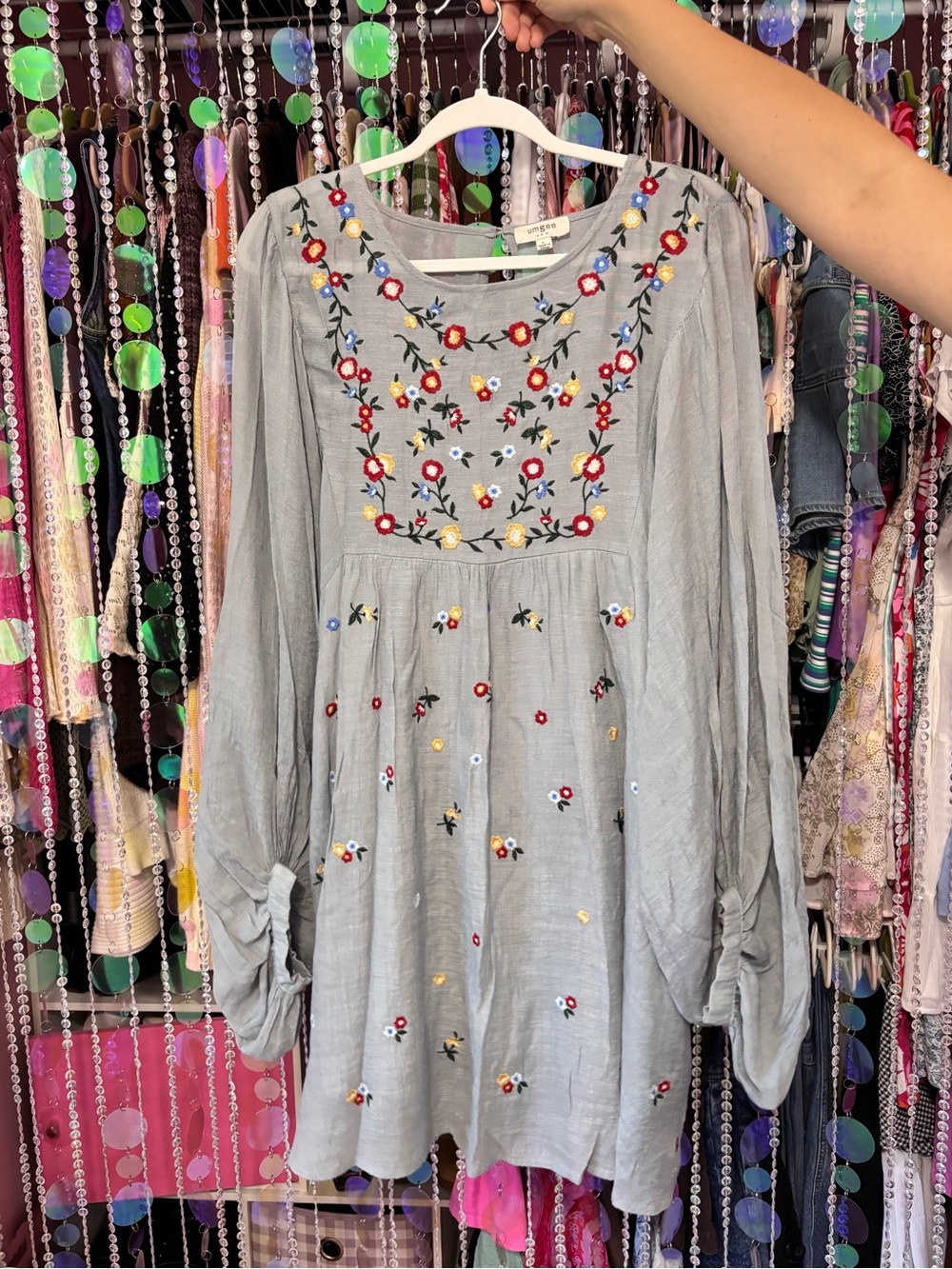 Grey/Blue Floral Embroidered Dress with Bishop Sleeves